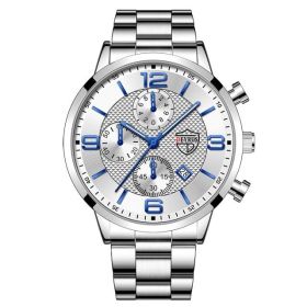 Luxury Mens Watches Stainless Steel Quartz Male Wristwatch Male Sport Leather Watch Calendar Luminous Men Clock relogio masculin (Color: Steel Silver White, Ships From: China)