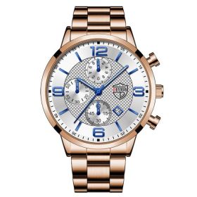 Luxury Mens Watches Stainless Steel Quartz Male Wristwatch Male Sport Leather Watch Calendar Luminous Men Clock relogio masculin (Color: Steel Rose White, Ships From: China)