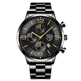 Luxury Mens Watches Stainless Steel Quartz Male Wristwatch Male Sport Leather Watch Calendar Luminous Men Clock relogio masculin (Color: Steel Black Gold, Ships From: China)