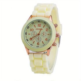 Simple Silicone Casual Quartz Watch Women Crystal Silicone Watches Wrist Watch (Color: Cream Color)