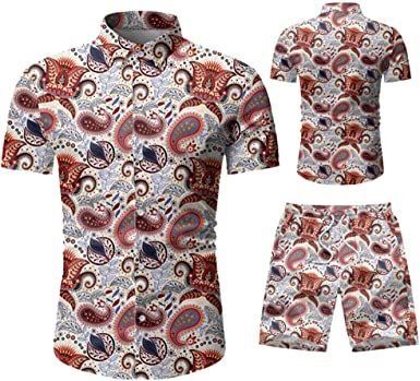 Men's 2 Piece Tracksuit Shirt Flower Casual Button Down Short Sleeve Shirts and Pants Suit