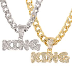 Hip Hop Diamond King Letter Pendant Necklace Cuban Chain Men Rapper Jewelry Accessories (select: XL2575-silver)