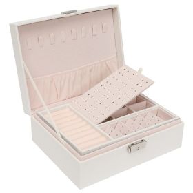 Two-Layer Leather Jewelry Box Organizer Earrings Rings Necklace Storage Case with Lock Women Girls Gift (Color: White1, size: M)