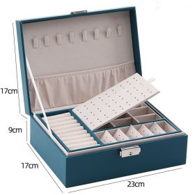 Two-Layer Leather Jewelry Box Organizer Earrings Rings Necklace Storage Case with Lock Women Girls Gift (Color: Dark Green, size: M)