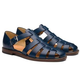 Men's Sport Sandals Closed Toe Outdoor Handmade Leather Sandal (Color: Blue, size: 40)