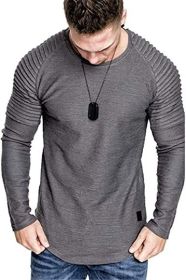 Men' s Long Sleeve Casual Shirts Solid Color Casual Top Stitching Stylish Dress Round Neck Slim Fit Male Shirts (Color: Grey, size: XXL)
